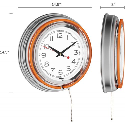  Trademark Gameroom Lavish Home Retro Neon Wall Clock - Battery Operated Wall Clock Vintage Bar Garage Kitchen Game Room  14 Inch Round Analog (Orange and White)