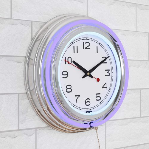  Trademark Gameroom Lavish Home Retro Neon Wall Clock - Battery Operated Wall Clock Vintage Bar Garage Kitchen Game Room  14 Inch Round Analog (Orange and White)