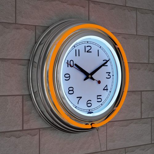  Trademark Gameroom Lavish Home Retro Neon Wall Clock - Battery Operated Wall Clock Vintage Bar Garage Kitchen Game Room  14 Inch Round Analog (Orange and White)