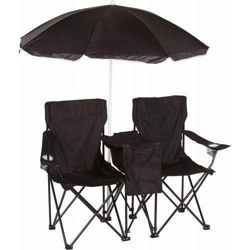  Trademark Innovations Double Folding Camp and Beach Chair with Removable Umbrella and Cooler, Black