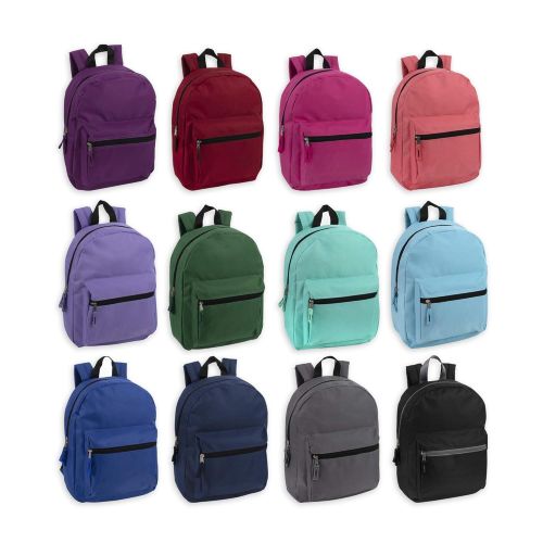  Trail maker 15 Inch Solid Backpacks For Kids With Padded Straps, Wholesale Bulk Case Pack Of 24 (12 Color Assortment)