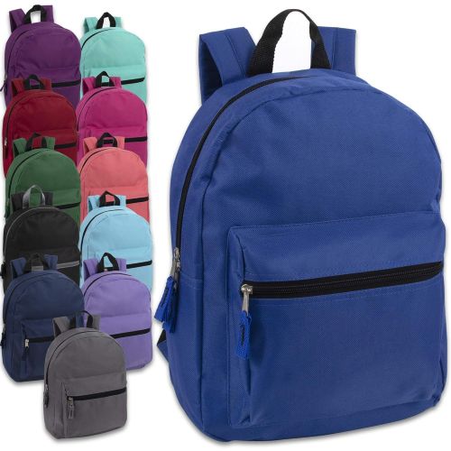  Trail maker 15 Inch Solid Backpacks For Kids With Padded Straps, Wholesale Bulk Case Pack Of 24 (12 Color Assortment)