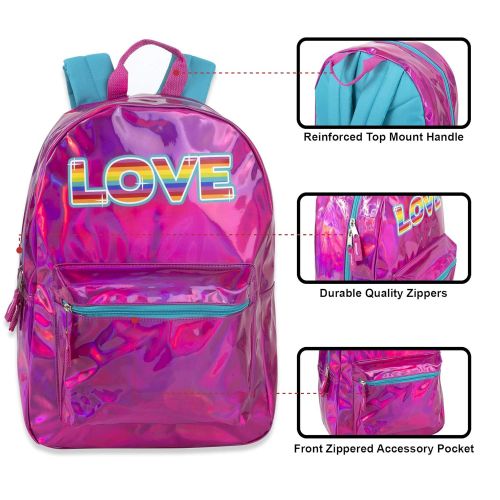  Trail maker Trailmaker Holographic Laser Leather Backpack and Casual Travel Daypack in Blue and Pink with Rainbow Sayings (Pink)