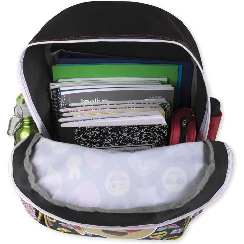  Trail maker Girls Emoji Full Size 17 Inch Backpack With Bonus Keychain and Glitter Applique (Black)