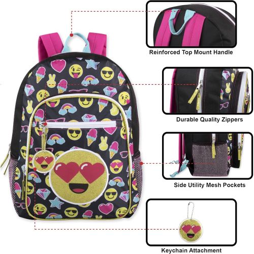  Trail maker Girls Emoji Full Size 17 Inch Backpack With Bonus Keychain and Glitter Applique (Black)