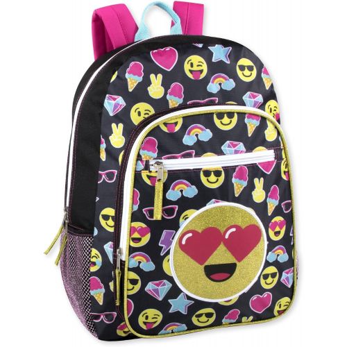  Trail maker Girls Emoji Full Size 17 Inch Backpack With Bonus Keychain and Glitter Applique (Black)