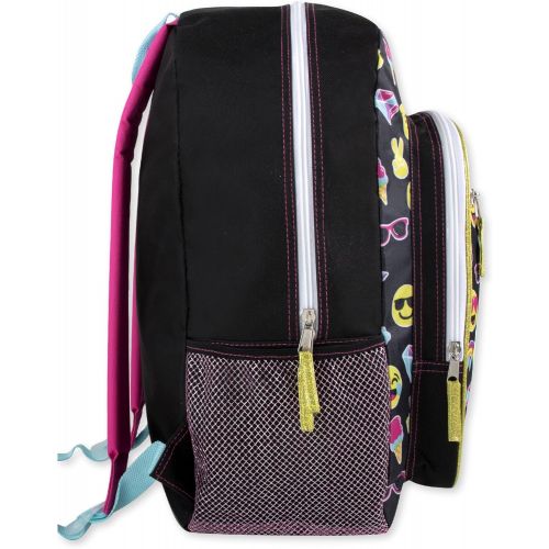  Trail maker Girls Emoji Full Size 17 Inch Backpack With Bonus Keychain and Glitter Applique (Black)