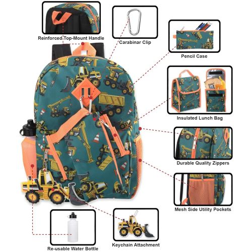  Trail maker Boys 6 in 1 Backpack Set With Lunch Bag, Pencil Case, Bottle, Keychain, Clip (Trucks)