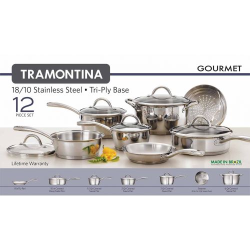  Tramontina 12-Piece Gourmet Tri-Ply Base Cookware Set, Stainless Steel