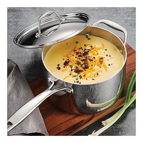  Tramontina Covered Sauce Pan with Helper Handle Stainless Steel Tri-Ply Clad, 4-Quart, 80116/024DS