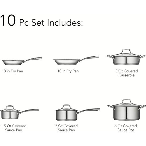  Tramontina 80101202DS Gourmet Prima Stainless Steel, Induction-Ready, Impact Bonded, Tri-Ply Base Cookware Set, 10 Piece, Made in Brazil