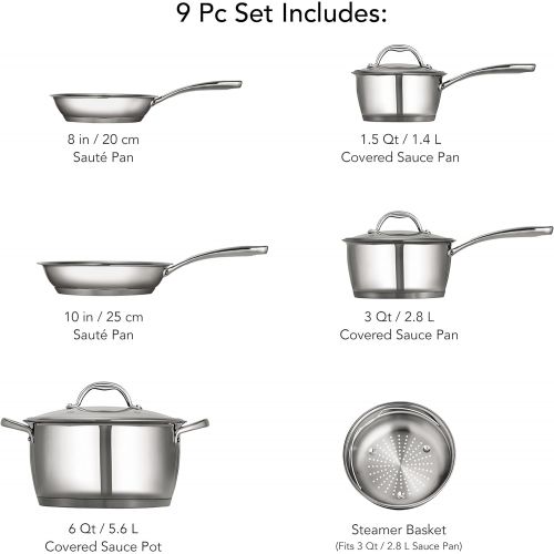  Tramontina 80154567DS Tri-Ply Stainless-Steel Cookware Set, Induction-Ready, Impact-Bonded, 9-Piece