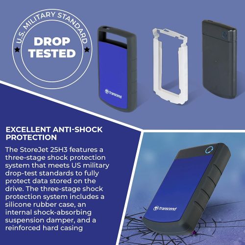  Transcend 2TB USB 3.1 Gen 1 StoreJet Anti-Shock Rugged Portable External Hard Drive TS2TSJ25H3B (Navy Blue) + Compact Hard Drive Case