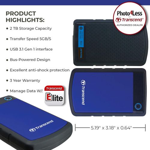  Transcend 2TB USB 3.1 Gen 1 StoreJet Anti-Shock Rugged Portable External Hard Drive TS2TSJ25H3B (Navy Blue) + Compact Hard Drive Case