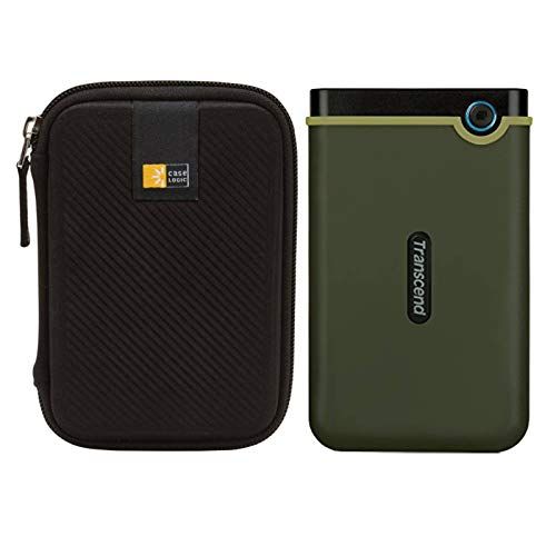  Transcend 2TB USB 3.1 Storejet 25M3 Anti-Shock Rugged Portable External Hard Drive (Military Green) + Compact Hard Drive Case