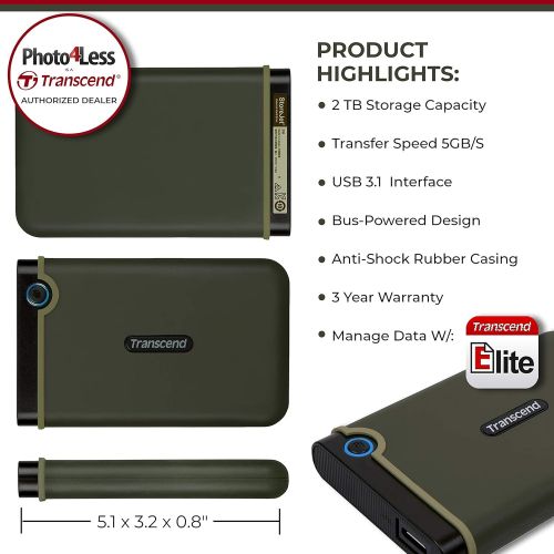  Transcend 2TB USB 3.1 Storejet 25M3 Anti-Shock Rugged Portable External Hard Drive (Military Green) + Compact Hard Drive Case