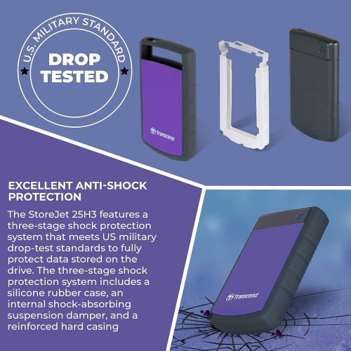  2 Transcend 4TB StoreJet 25H3 Anti-Shock Rugged Portable External Hard Drives (Purple) + 2 Compact Hard Drive Cases