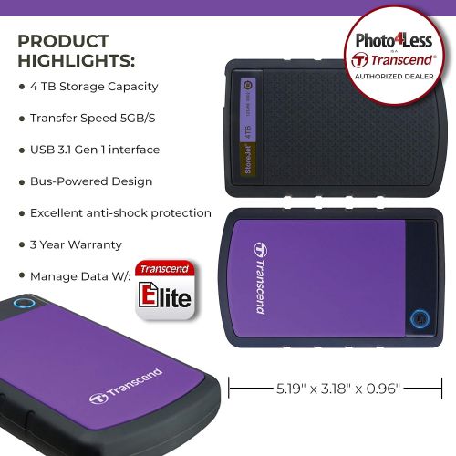  Transcend 4TB USB 3.1 Gen 1 StoreJet Shock Resistant Rugged Portable 2.5 External Hard Drive TS4TSJ25H3P (Purple) + Compact Hard Drive Case