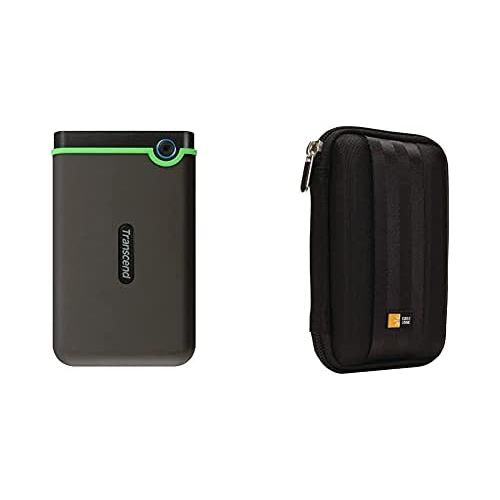  Transcend 2TB USB 3.1 Gen 1 StoreJet 25M3S SJ25M3S Rugged External Hard Drive TS2TSJ25M3S,Grey & Case Logic QHDC-101 Portable EVA Hard Drive Case - Black