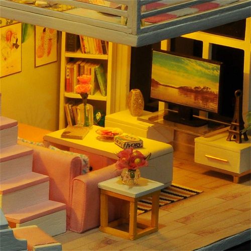  Transer- 3D Wooden Dollhouse Kit, Miniature DIY House Kit Toy Furnished with Furniture, LED and Accessories, Best Birthdays Gifts for Boys and Girls (F)
