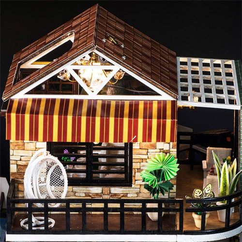  Transer- 3D Wooden Dollhouse Kit, Miniature DIY House Kit Toy Furnished with Furniture, LED and Accessories, Best Birthdays Gifts for Boys and Girls (F)