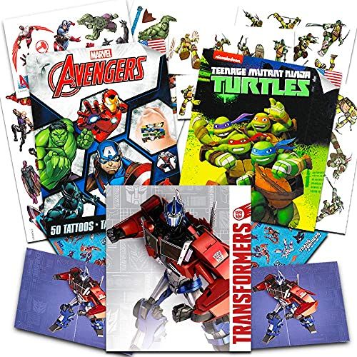 트랜스포머 Superhero Temporary Tattoos for Boys Kids Party Bundle -- 125 Licensed Tattoos with Stickers Featuring Transformers, Marvel Avengers and Teenage Mutant Ninja Turtles (Party Supplie