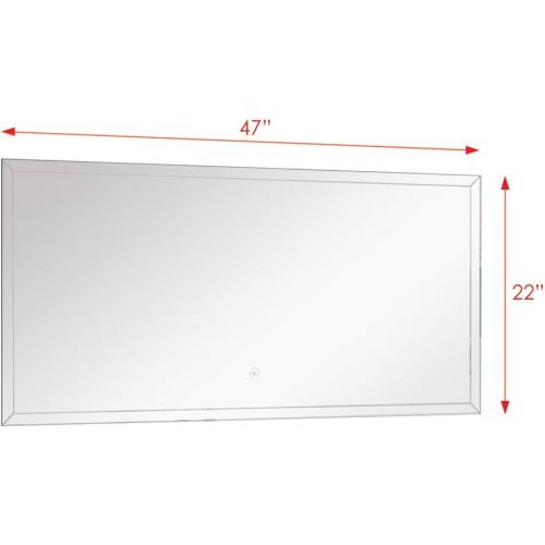  Transolid TLMF4722 Finn Rectangular Horizontally Mounted LED-Lighted Frameless Contemporary Wall Mirror with Touch Sensor - Fits 48-in. Vanity, W x 22-in H, Silver