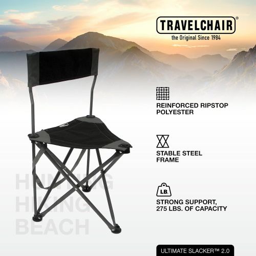 Travel Chair Ultimate Slacker 2.0, Small Folding Tripod Chair with Back for Outdoor Adventures, Portable Stool-Chair, Black