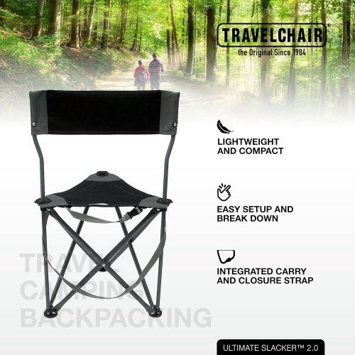  Travel Chair Ultimate Slacker 2.0, Small Folding Tripod Chair with Back for Outdoor Adventures, Portable Stool-Chair, Black