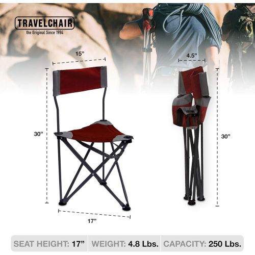  Travel Chair Ultimate Slacker 2.0, Small Folding Tripod Chair with Back for Outdoor Adventures, Portable Stool-Chair, Red