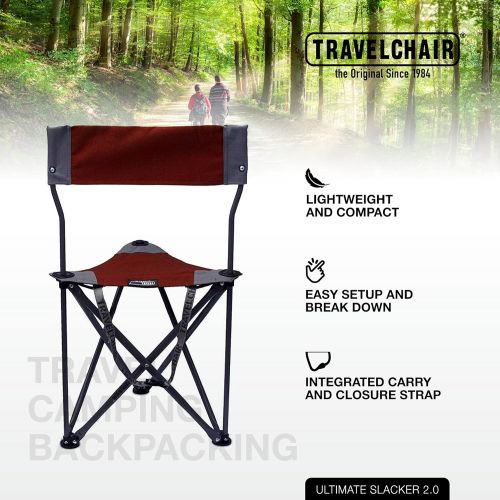  Travel Chair Ultimate Slacker 2.0, Small Folding Tripod Chair with Back for Outdoor Adventures, Portable Stool-Chair, Red