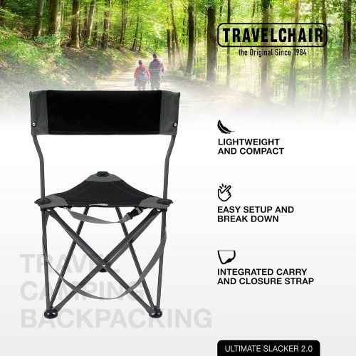  Travel Chair Ultimate Slacker 2.0, Small Folding Tripod Chair with Back for Outdoor Adventures, Portable Stool-Chair, Great for Spectators, Coaches, Golf, Hunters