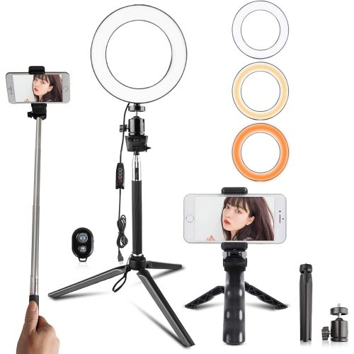  [아마존베스트]Travor 6-inch Dimmable LED Selfie Ring Light with Adjustable Stand with Remote Control, 3 Modes and 11-Level Brightness for YouTube Makeup Photography Shooting