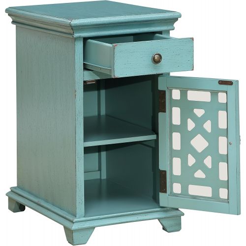  Treasure Trove Accents 17579 Drawer One Door Chairside Cabinet, Bayberry Blue Rub-through