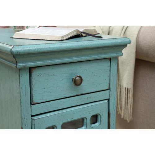  Treasure Trove Accents 17579 Drawer One Door Chairside Cabinet, Bayberry Blue Rub-through