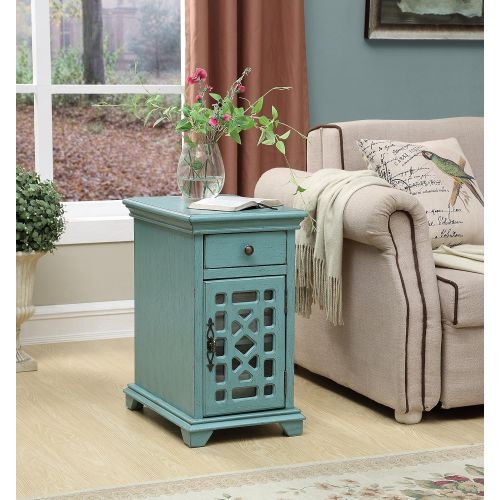  Treasure Trove Accents 17579 Drawer One Door Chairside Cabinet, Bayberry Blue Rub-through