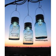 /Treasureagain 3 Garden Solar Jar Lanterns, Outdoor Night Garden Decor, Country Barn Lights Blue Antique Hanging Jar Lanterns Mason Jar Solar Lights