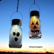 Treasureagain Solar Halloween Mason Jar Lights Pumpkin Ghost Halloween Decor, 2 Hanging Outdoor Lights, Fall Decor, Autumn Garden Outdoor Decoration