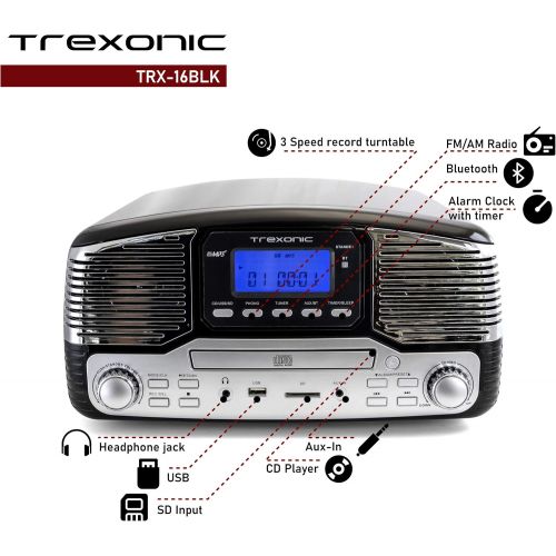  Trexonic Retro Record Player with Bluetooth, CD Players, and 3-Speed Turntable in Black