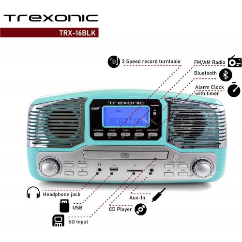  Trexonic Retro Record Player with Bluetooth, CD Players, and 3-Speed Turntable in Turquoise