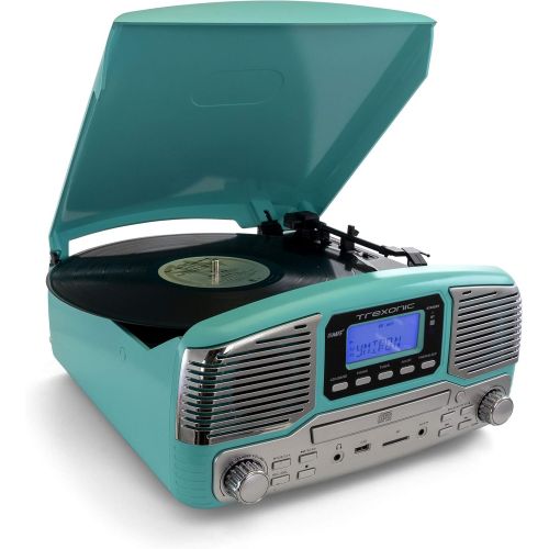  Trexonic Retro Record Player with Bluetooth, CD Players, and 3-Speed Turntable in Turquoise