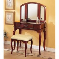 Tri Mirror Cherry Vanity Set w/ Wide Cushion Stool