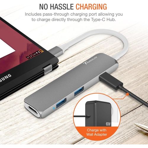  USB C Hub Adapter, Trianium Aluminum Multi Port Charger Dock USB Type C to HDMIUSB C  2 USB-A 3.0 Port [Pass-Through Charging] for MacBook Pro,Chromebook, Phone,Hard Flash Drive,