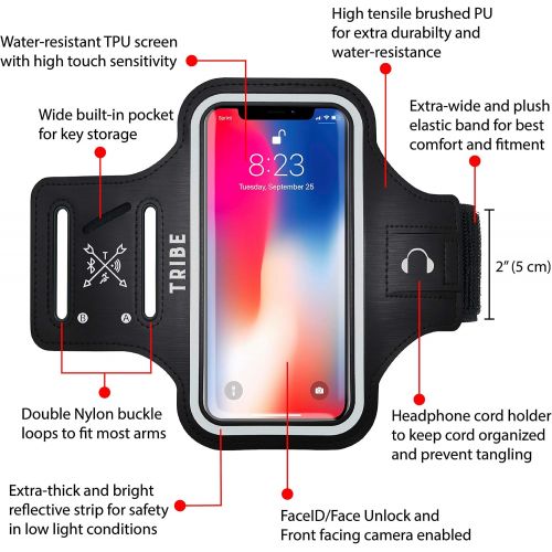  [아마존베스트]Tribe Phone Armband, Cell Phone Holder for Running with Key Holder, Fits iPhone Xs MAX/XR/8+/7+/6+ Galaxy S9+/S8+/Note and Similar Sized Large Phones, Black