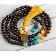 /TribeAzureFairTrade Rosewood Chakra Mala Necklace, Japa Mala, Wood Mala, Yoga Mala, Buddhist Mala, 108 Prayer Beads, OM Mala