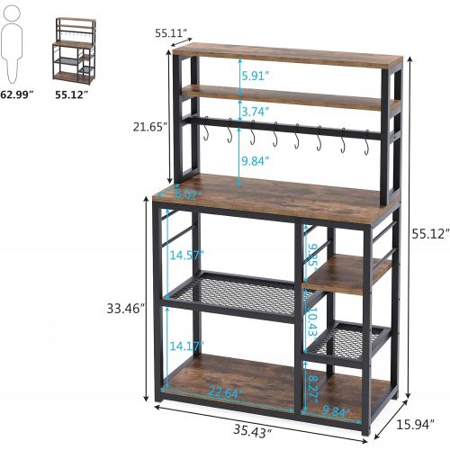  Tribesigns 55 inch Tall Kitchen Baker Rack with Storage, 5-Tier Microwave Cart Oven Stand, Industrial Kitchen Utility Storage Shelf Organizer Coffee Bar with Hutch and 8 Hooks