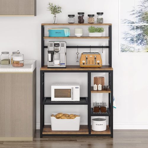  Tribesigns 55 inch Tall Kitchen Baker Rack with Storage, 5-Tier Microwave Cart Oven Stand, Industrial Kitchen Utility Storage Shelf Organizer Coffee Bar with Hutch and 8 Hooks