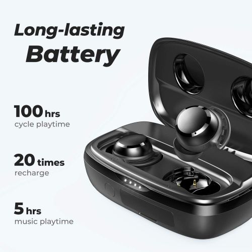  Wireless Earbuds, Tribit 100H Playtime Bluetooth 5.0 IPX8 Waterproof Touch Control True Wireless Bluetooth Earbuds with Mic Earphones in-Ear Deep Bass Built-in Mic Bluetooth Headph