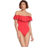 Trina Turk Women's Standard Off Shoulder Ruffle Bandeau One Piece Swimsuit, Poppy//Getaway Solids, 6