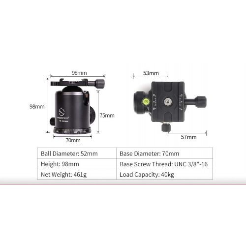  SUNWAYFOTO FB-52 GNN No Neck 52mm Tripod Ball Head ArcaRRS Compatible 44lb Max Load Sunway Ideal for Target Shooting